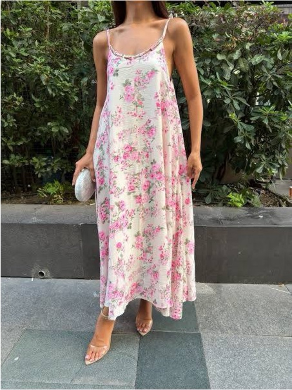 Papaya Pink Floral Slip Maxi Dress on Cream